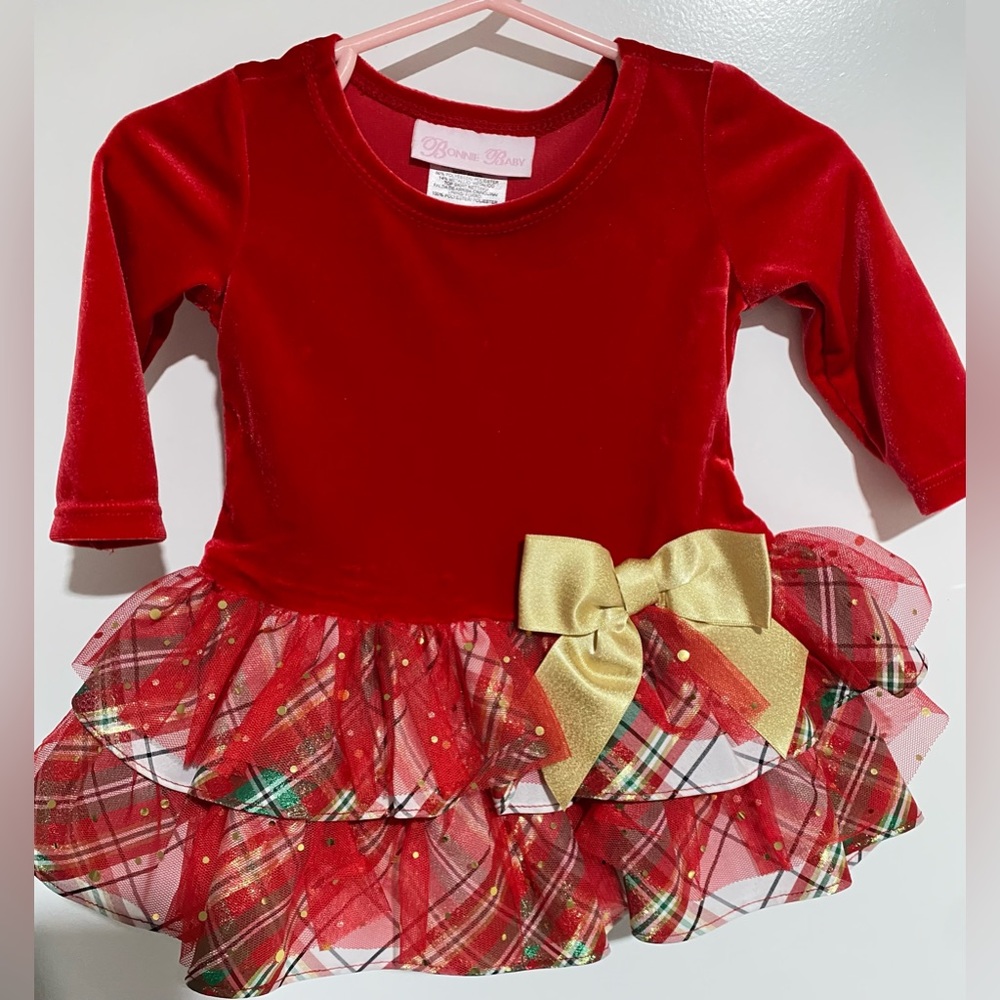 BONNIE BABY - Beautiful Red Velour Baby Dress 3/6 months
